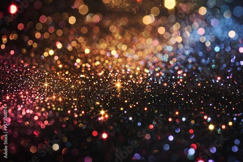 Golden and multicolored bokeh lights twinkle on a dark background, resembling sparkling stars, evoking a sense of magic and wonder. photo