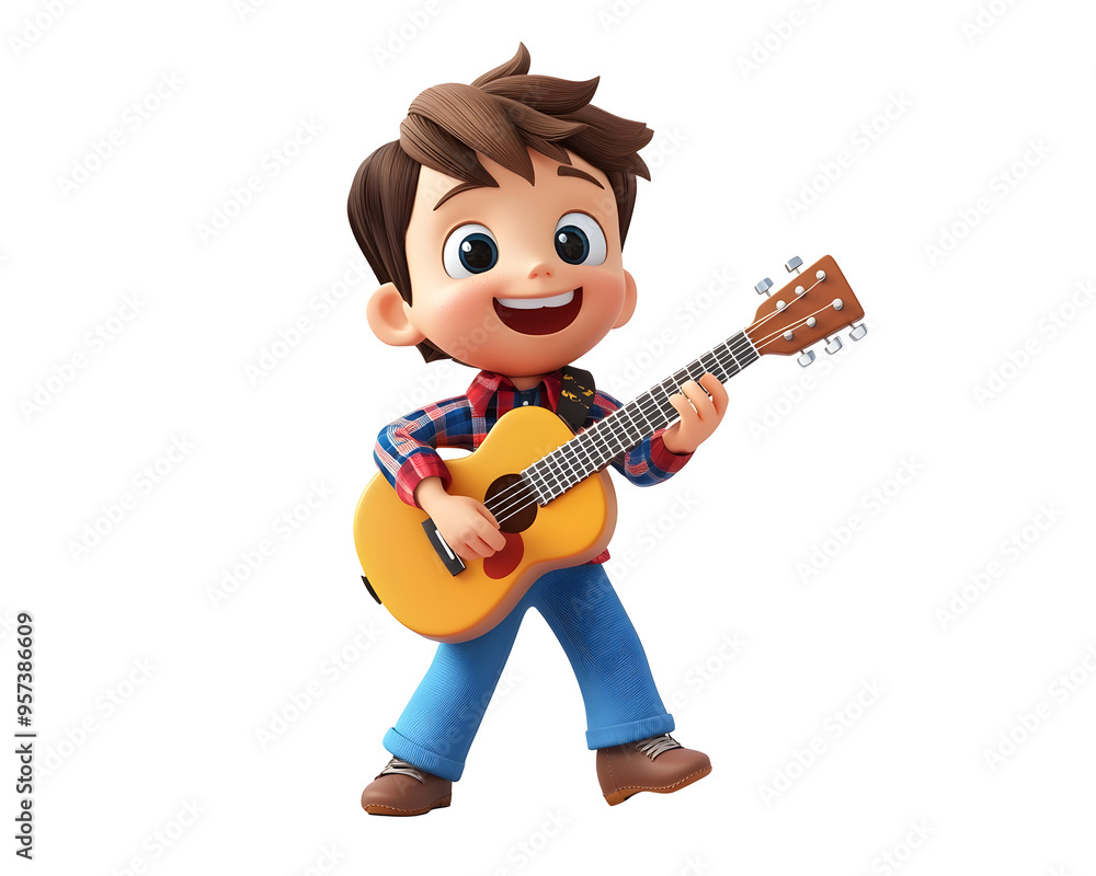 3D Cartoon of a Cute Musician Kid Playing Guitar, Isolated on a Transparent PNG Background 3D Cartoon of a Cute Musician Kid Playing Guitar, Isolated on a Transparent PNG Background