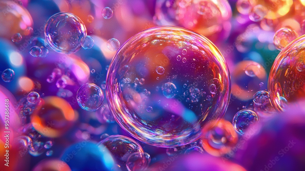 A group of soap bubbles floating together in the sky against a blue, purple, red, and yellow backdrop A group of soap bubbles floating together in the sky against a blue, purple, red, and yellow backdrop