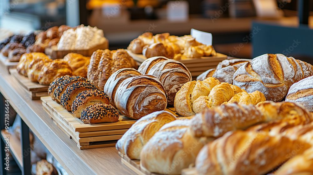 Assortment of freshly baked bread and pastries displayed on a bakery counter. Assortment of freshly baked bread and pastries displayed on a bakery counter.
