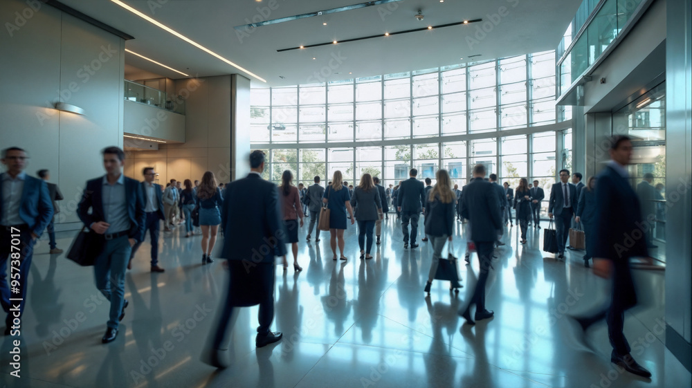 Professionals in business attire navigate through a modern hallway, carrying briefcases and bags, as bright sunlight streams in through large windows, signaling the start of a busy day. Professionals in business attire navigate through a modern hallway, carrying briefcases and bags, as bright sunlight streams in through large windows, signaling the start of a busy day.