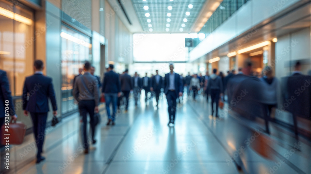 Professionals in business attire navigate through a modern hallway, carrying briefcases and bags, as bright sunlight streams in through large windows, signaling the start of a busy day. Professionals in business attire navigate through a modern hallway, carrying briefcases and bags, as bright sunlight streams in through large windows, signaling the start of a busy day.