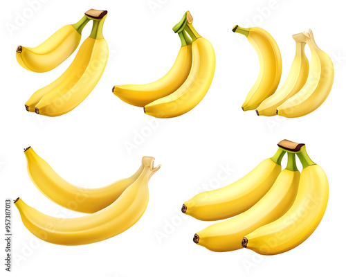 Banana Set with Various Angles, Isolated on a Transparent PNG Background 