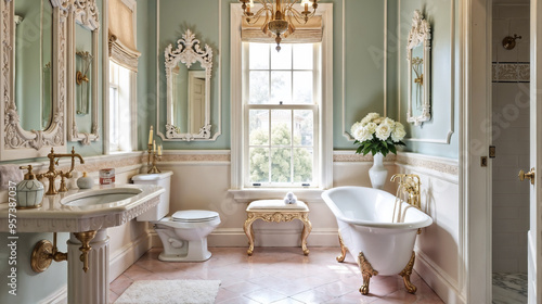 Wallpaper Mural A luxurious Rococo bathroom showcases a vintage clawfoot tub, intricate gilded fixtures, and elegant mirrors, enhanced by soft pastel tiles and ornate decor. Torontodigital.ca