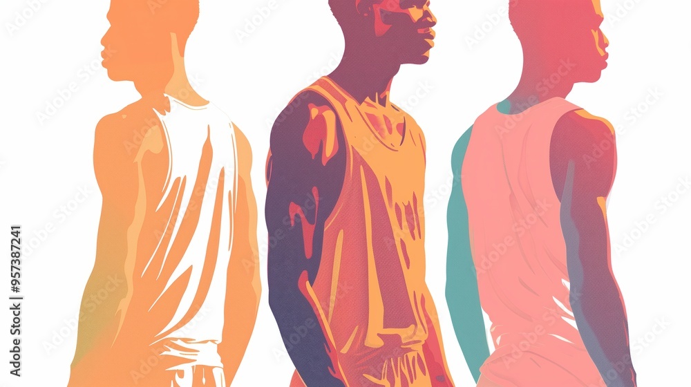 Ilustración plana de tres modelos masculinos con camisetas de tirantes. Con expresiones de determinación o concentración. Elegantes frente a la suavidad de los colores pastel. Ilustración plana de tres modelos masculinos con camisetas de tirantes. Con expresiones de determinación o concentración. Elegantes frente a la suavidad de los colores pastel.
