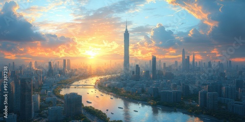 amazing a city skyline with a a cityscape featuring a towering skyscraper a bustling street and a serene river flowing through it png