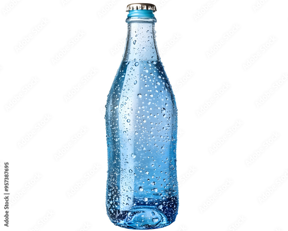 Chilled Bottle of Sparkling Water with Condensation Droplets, Isolated on a Transparent PNG Background Chilled Bottle of Sparkling Water with Condensation Droplets, Isolated on a Transparent PNG Background