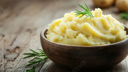 Homemade mashed potatoes in a rustic bowl on a wooden table  photo