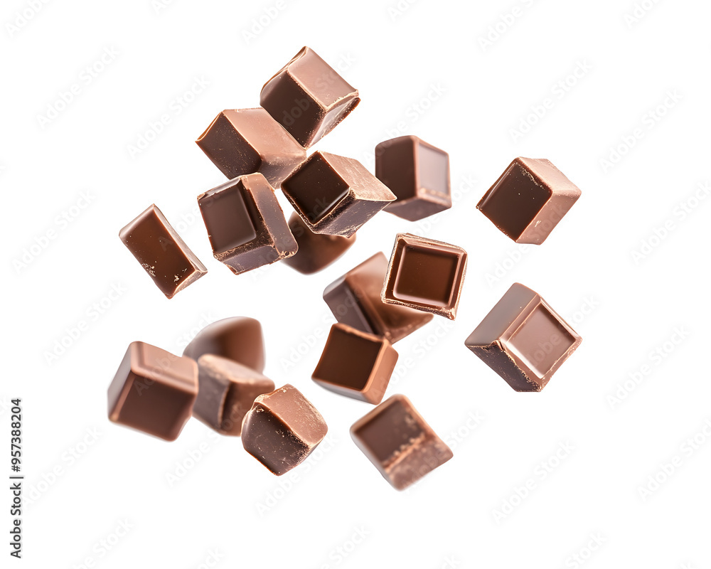 Floating Chocolate Cubes in Mid-Air, Isolated on a Transparent PNG Background Floating Chocolate Cubes in Mid-Air, Isolated on a Transparent PNG Background