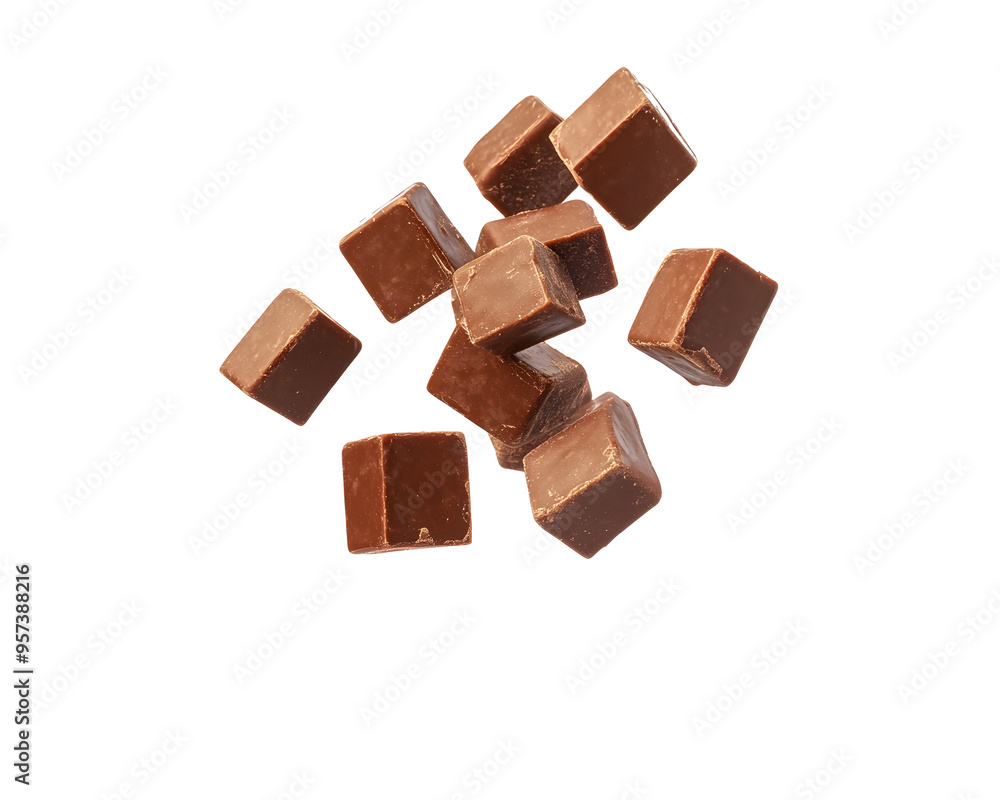 Floating Chocolate Cubes in Mid-Air, Isolated on a Transparent PNG Background Floating Chocolate Cubes in Mid-Air, Isolated on a Transparent PNG Background