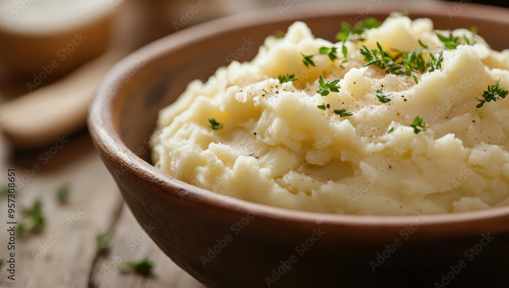 Homemade mashed potatoes in a rustic bowl on a wooden table Homemade mashed potatoes in a rustic bowl on a wooden table