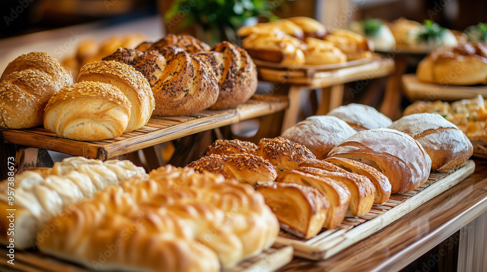 Assorted freshly baked bread loaves and rolls arranged on wooden trays in a bakery. Assorted freshly baked bread loaves and rolls arranged on wooden trays in a bakery.