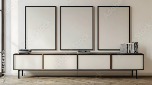 Three blank frames above a minimalist cabinet with black legs. photo