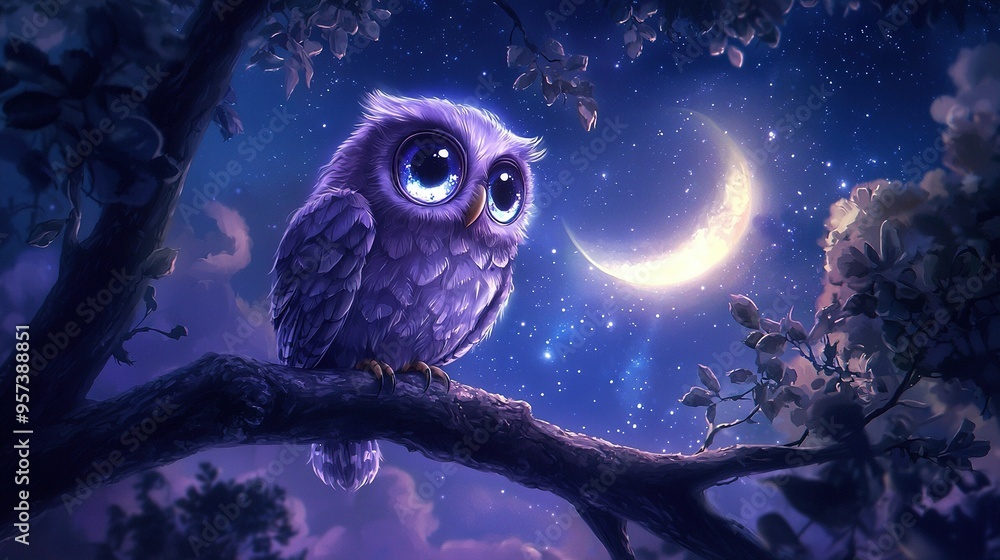 An owl perched on a tree branch, with a crescent moon behind and another in the backdrop An owl perched on a tree branch, with a crescent moon behind and another in the backdrop