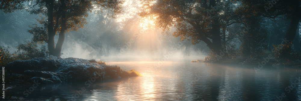 Misty morning sunrise over a tranquil river in a lush forest. The golden light filters through the trees, creating a magical atmosphere. Misty morning sunrise over a tranquil river in a lush forest. The golden light filters through the trees, creating a magical atmosphere.