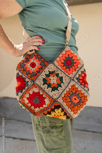 Eldelry Woman with Handmade Crochet Bag photo