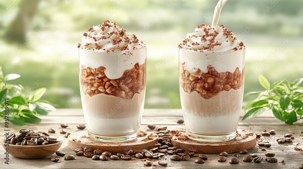 Two milkshakes with whipped cream & nuts on wood table with green background Two milkshakes with whipped cream & nuts on wood table with green background