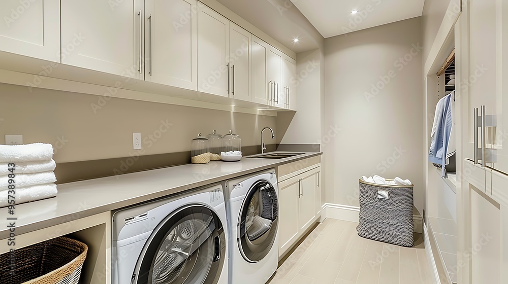 Efficient layout in a modern laundry room with smart storage solutions and workflow Efficient layout in a modern laundry room with smart storage solutions and workflow