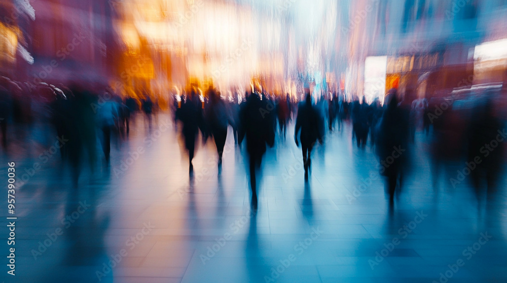 Abstract motion blur of a business crowd walking through a corporate office in downtown, with a cinematic color tone and copy space, ideal for themes of urban business activity and professional moveme Abstract motion blur of a business crowd walking through a corporate office in downtown, with a cinematic color tone and copy space, ideal for themes of urban business activity and professional moveme