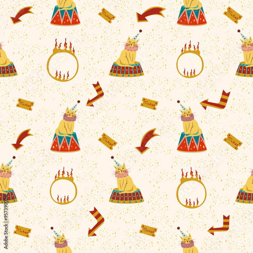 Circus seamless pattern with cats on standing stage, ring fire, arrows and tickets, with stars on background. Flat vector illustration. Childish hand drawn. Doodle style.