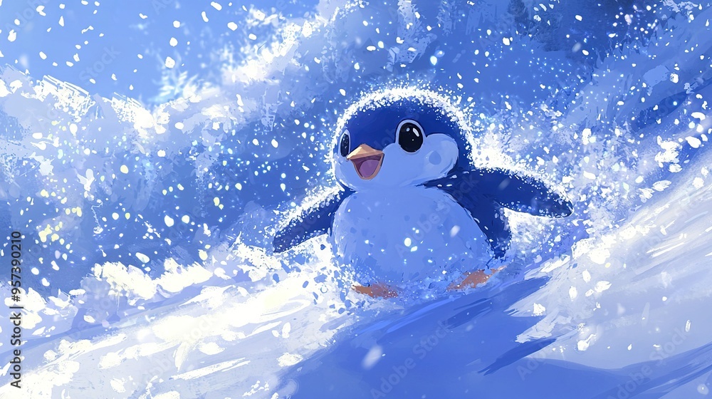 Obraz premium A penguin with an open mouth and wide-eyed gaze standing in the snow