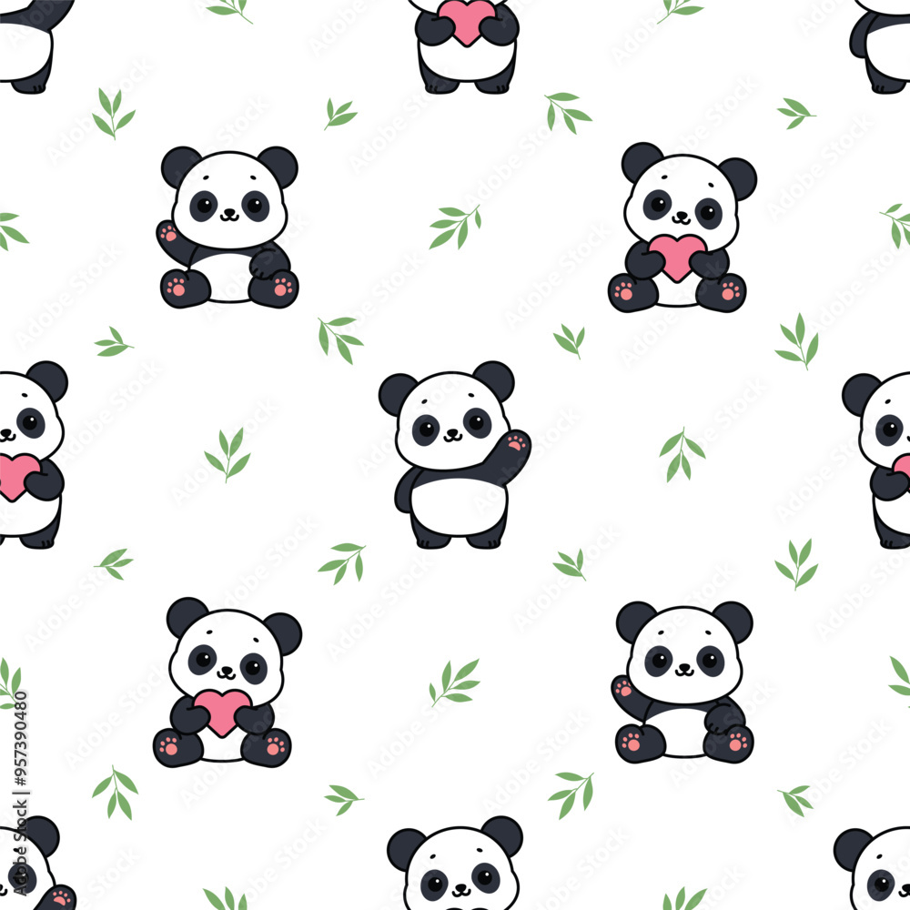 Obraz premium Cute panda with bamboo leaves cartoon seamless pattern, vector illustration