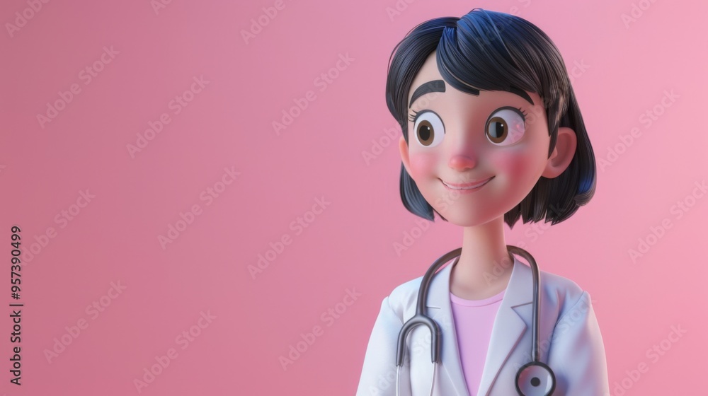 A friendly cartoon doctor smiles warmly, wearing a white coat and stethoscope, set against a soft pink backdrop that highlights a welcoming medical environment A friendly cartoon doctor smiles warmly, wearing a white coat and stethoscope, set against a soft pink backdrop that highlights a welcoming medical environment
