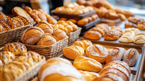 Assorted freshly baked bread loaves and rolls in wicker baskets on a bakery counter.