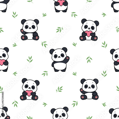 Cute panda with bamboo leaves cartoon seamless pattern, vector illustration