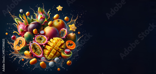 Vibrant tropical fruits splashing in water against a dark background. photo