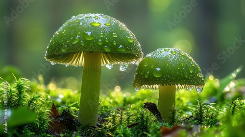  A couple of green mushrooms rest atop a lush, verdant grass-covered forest dotted with raindrops