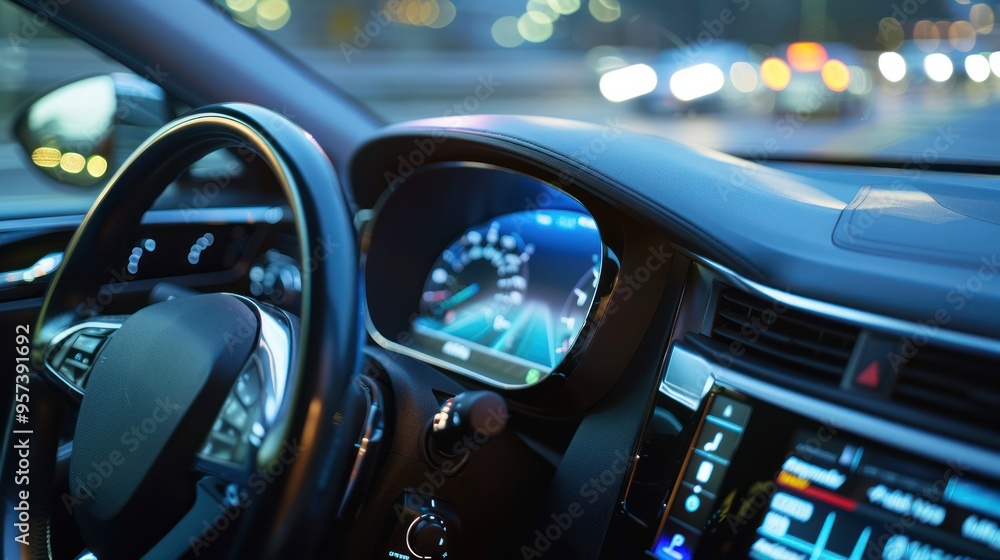 Modern Car Interior with Dashboard Display and Steering Wheel Modern Car Interior with Dashboard Display and Steering Wheel