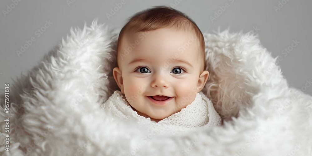 Smiling baby infant wrapped in white furry blanket Smiling baby infant wrapped in white furry blanket