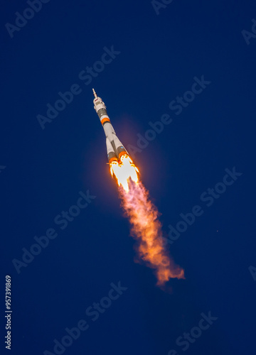 Real Rocket in Flight, Launch Rocket From the Baikonur Cosmodrome, a Flying Rocket in the Sky