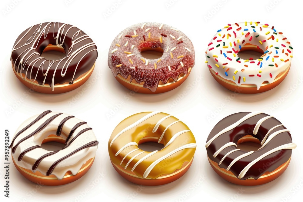 Set with delicious glazed donuts on white background Set with delicious glazed donuts on white background
