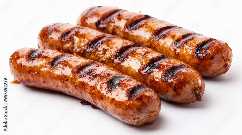 Grilled Bavarian sausages, set against a plain white background.