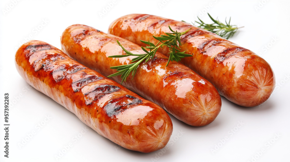 Grilled Bavarian sausages, set against a plain white background. Grilled Bavarian sausages, set against a plain white background.