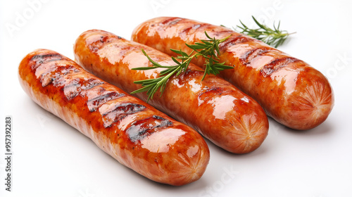 Grilled Bavarian sausages, set against a plain white background.