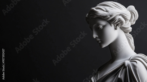 Marble statue of a woman with elegant features, captured in soft lighting against a dark backdrop.