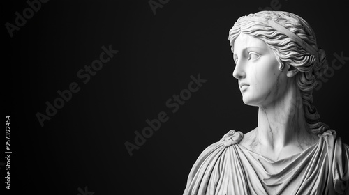 Marble bust of a woman with draped clothing, viewed in profile against a black background.