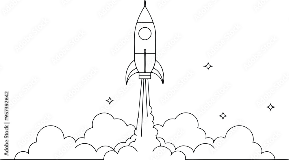 Fototapeta premium continuous single line drawing of Missile rocket launch with fire and smoke trail , line art vector illustration
