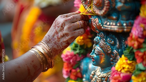 Woman s Hand with Henna and Gold Bangles Offering Prayer to Hindu Deity photo