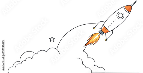 continuous single line drawing of Missile rocket launch with fire and smoke trail , line art vector illustration