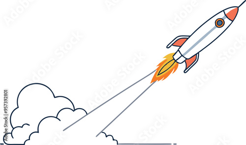 continuous single line drawing of Missile rocket launch with fire and smoke trail , line art vector illustration