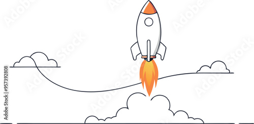 continuous single line drawing of Missile rocket launch with fire and smoke trail , line art vector illustration
