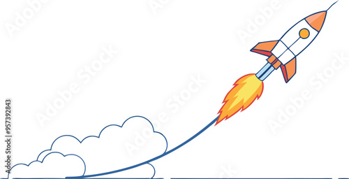 continuous single line drawing of Missile rocket launch with fire and smoke trail , line art vector illustration