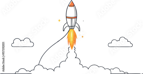 continuous single line drawing of Missile rocket launch with fire and smoke trail , line art vector illustration