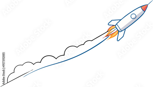continuous single line drawing of Missile rocket launch with fire and smoke trail , line art vector illustration