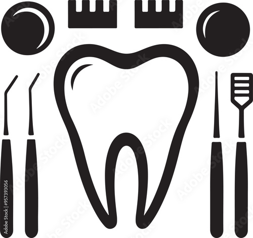 Dental teeth and instruments icon vector silhouettes white background art