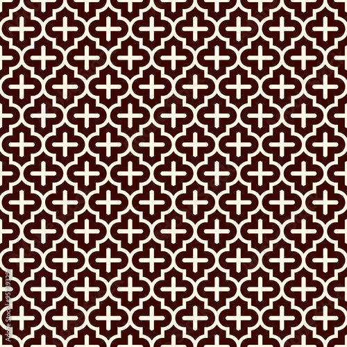 Seamless surface design with ogee ornament. Oriental traditional pattern with repeated mosaic tile. Tracery window wallpaper. Moroccan crosses motif. Arabesque digital paper, textile print. Vector art